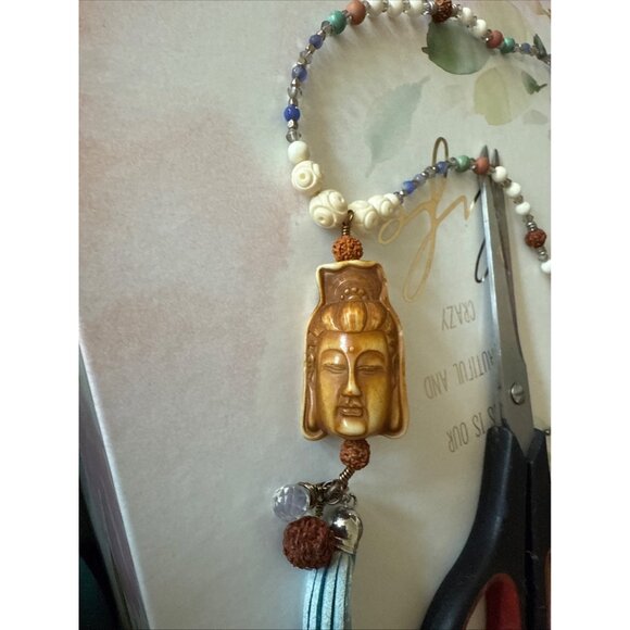 Handmade Buddha Pendant Beaded Necklace With White & Multicolor Beads 21 Inches - Picture 2 of 5